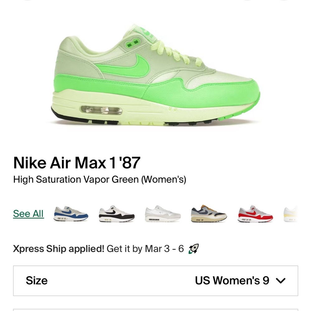 Nike Air Max 1 ‘87 “High Saturation Green Vapor” Women’s Size 9 - Picture 9 of 9